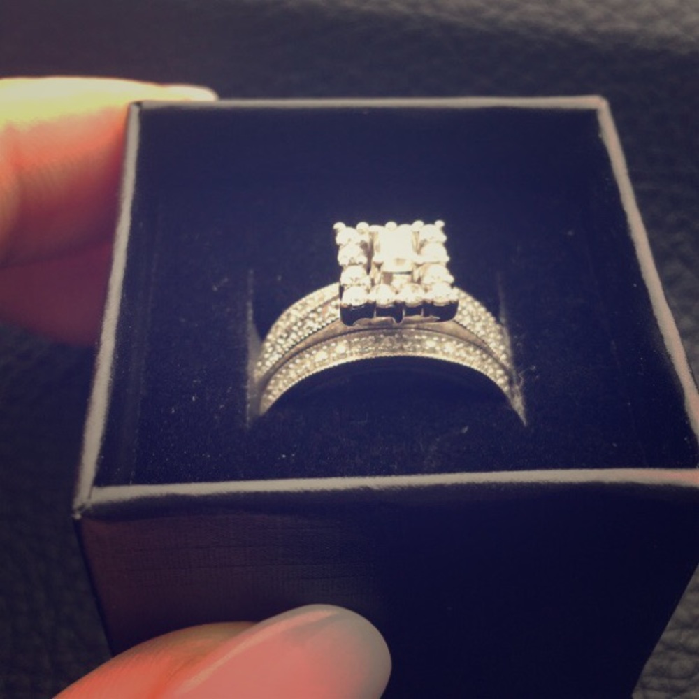 14 KT white gold wedding band and engagement ring